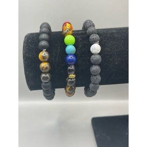 New 3 Pieces Black Lava Stone 7 Chakra Bracelets mix 8mm Rock Bead Elast…